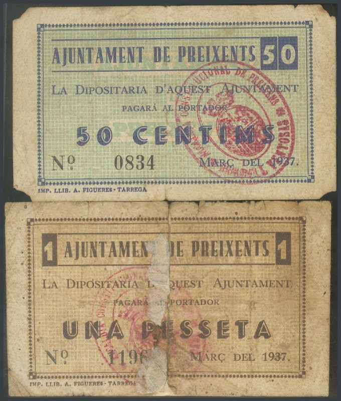 PREIXENTS (LERIDA). 50 Céntimos y 1 Peseta. Marzo 1937. (González: 9447/48. Muy ...