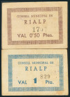 RIALP (LERIDA). 50 Céntimos y 1 Peseta. (1938ca). (González: 9595/96). Muy raros. MBC.