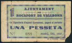 ROCAFORT DE VALLBONA (LERIDA). 1 Peseta. Marzo 1937. (González: 9708). Muy raro. RC.