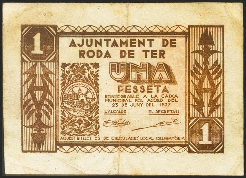 RODA DE TER (BARCELONA). 1 Peseta. Junio 1937. (González: 9720). BC+.