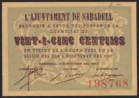 SABADELL (BARCELONA). 25 Céntimos. 11 de Octubre de 1937. (González: 9778). EBC+.