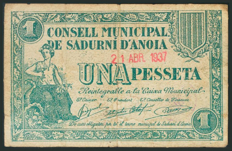 SADURNI D´ANOIA (BARCELONA). 1 Peseta. 21 de Abril de 1937. (González: 9802). BC...