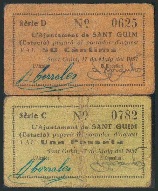 SANT GUIM ESTACIO (LERIDA). 50 Céntimos y 1 Peseta. 17 de Mayo de 1937. Series D...