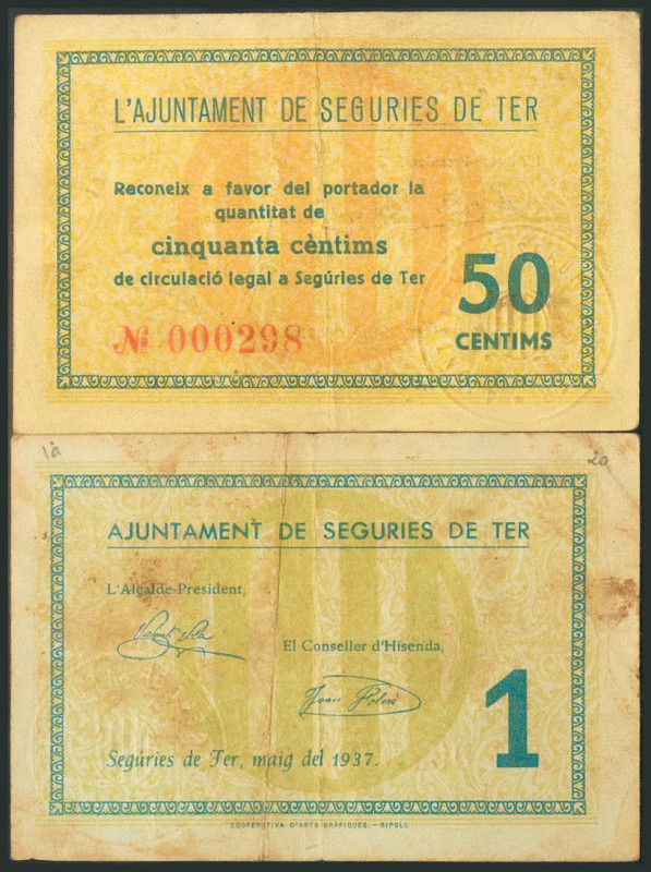 SEGURIES DE TER (GERONA). 50 Céntimos y 1 Peseta. Mayo 1937. (González: 9915/16)...