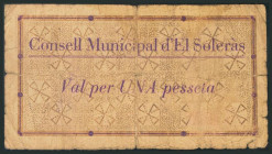 SOLERAS (LERIDA). 1 Peseta. Agosto 1937. (González: 10021). Muy raro. RC.