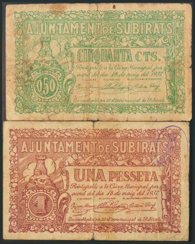 SUBIRATS (BARCELONA). 50 Céntimos y 1 Peseta. 16 de Mayo de 1937. (González: 100...