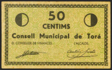 TORA DE RIUBREGOS (LERIDA). 50 Céntimos. (1936ca). Serie A. (González: 10297). Inusual. EBC+.