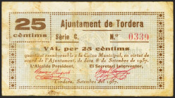 TORDERA (BARCELONA). 25 Céntimos. 8 de Septiembre de 1937. (González: 10306). Inusual. MBC+.