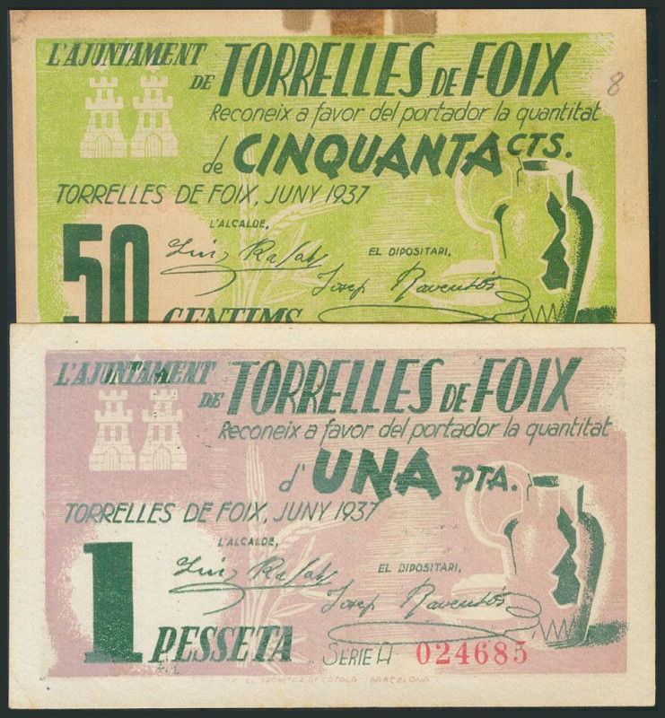 TORRELLES DE FOIX (BARCELONA). 50 Céntimos y 1 Peseta. Junio 1937. Serie A, ambo...