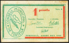 TORTELLA (GERONA). 1 Peseta. Agosto 1937. Serie A. (González: 10407). Inusual. MBC+.