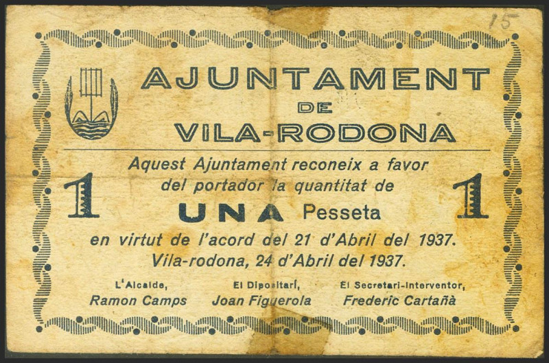 VILA-RODONA (TARRAGONA). 1 Peseta. 24 de Abril de 1937. (González: 10661). Raro....