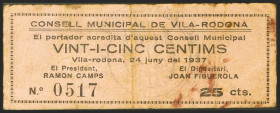VILA-RODONA (TARRAGONA). 25 Céntimos. 24 de Junio de 1937. (González: 10662). Raro. MBC.