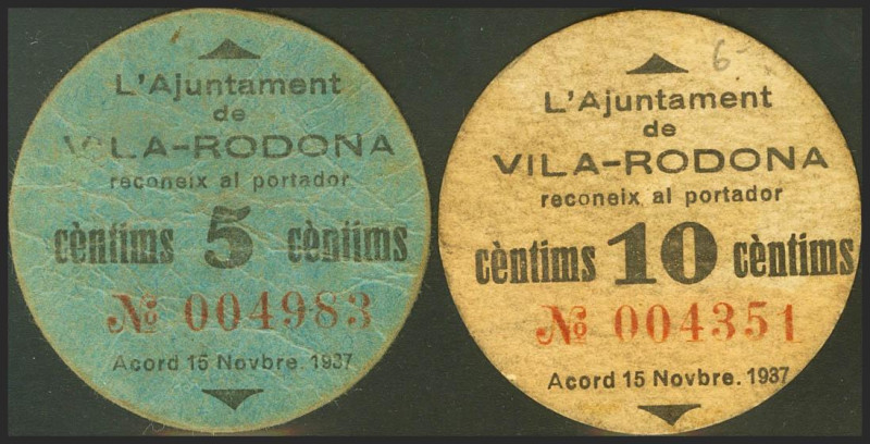 VILA-RODONA (TARRAGONA). 5 Céntimos y 10 Céntimos. 15 de Noviembre de 1937. (Gon...