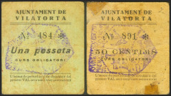 VILATORTA (BARCELONA). 50 Céntimos y 1 Peseta. (1936ca). (González: 10876/77). Rarísima serie completa. MBC.