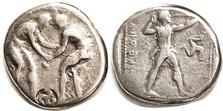 ASPENDOS , Stater, 385-370 BC, 2 Wrestlers/Slinger rt, triskeles in field, S5390...