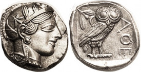 ATHENS , Tet, 449-413 BC, Athena head r/owl stg r, S2526; Choice Mint State, excellent metal with lt tone & underlying luster, perfectly centered & ve...