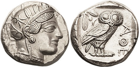 ATHENS , Tet, 449-413 BC, Athena head r/owl stg r, S2526; Virtually Mint State, ...