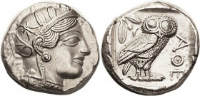 ATHENS , Tet, 449-413 BC, Athena head r/owl stg r, S2526; Virtually Mint State, perfectly centered; good bright metal; quite well struck; again the ha...