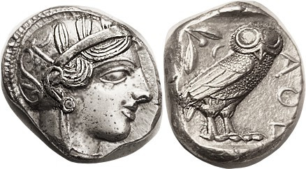 ATHENS , Tet, 449-413 BC, Athena head r/owl stg r, S2526; EF, well centered on a...