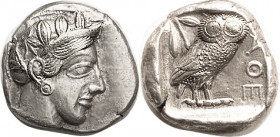 ATHENS , Tet, 449-413 BC, Athena head r/owl stg r, S2526; EF/AEF, sl off-ctr, the obv to left with head complete; decent bright metal; yet again Athen...