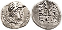 BAKTRIA Eukratides I, 171-135 BC, Obol, Helmeted head r/caps of the Dioscuri with palm branches, S7578; EF, minimally off-ctr, good metal, sharp portr...