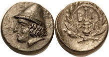 BIRYTIS , Æ11, c. 300 BC, Kabeiros head l./BI-PY around club in wreath, S4056; EF, rev sl off-ctr, brownish-green patina; great detail on head. (An EF...