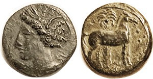 CARTHAGE , Æ15, 3rd cent BC, Tanit head l./Horse stg r, palm behind; VF+/F-VF, c...