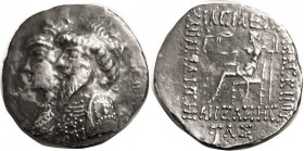ELYMAIS , Kamnaskires III & Queen Anzaze, c. 82-80 BC, Ar Tet, Conjoined busts left, anchor behind/Zeus std l., lgnd around, date GLS below (clear), S...