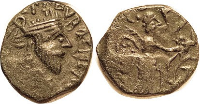 INDO-PARTHIAN , Gondophares, 40-5 BC, Æ Tet, Head r/Nike stg r; VF, green-brown ...