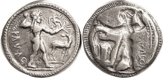 KAULONIA , Stater, c.500-480 BC, 27 mm, Apollo adv r, hldg running figure, stag ...