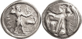 KAULONIA , Stater, c.500-480 BC, 27 mm, Apollo adv r, hldg running figure, stag rt/ Apollo & stag left, incuse; 5-letter Ethnic reading downward each ...