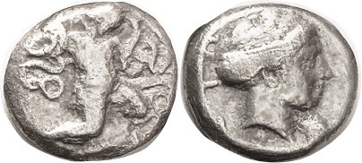 KNIDOS , Tridrachm or Stater, 394-387 BC, Infant Herakles grappling with snakes/...
