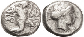 KNIDOS , Tridrachm or Stater, 394-387 BC, Infant Herakles grappling with snakes/Aphrodite head r, S4838 ( £4000 ); F/F-VF, centered, minor traces of r...