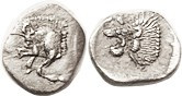 KYZIKOS , Hemiobol, 480-450 BC, boar forepart l, tunny behind/Lion head l, K (or...