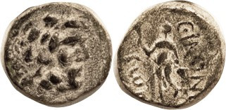 LYCAONIA , Eikonium (or Iconium), Æ15, 1st cent BC, Zeus head r/Perseus stg hldg...