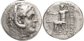 MACEDON , Alexander the Great, 336-323 BC, Tet, of Mylasa or Kaunos, Herakles head r/ Zeus std l, double-headed axe at left, Pr.2074; F-VF, centered, ...