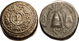 MACEDON , Alexander the Great, Æ16, Macedonian shield with central thunderbolt/helmet, Pr. 404; AEF/VF, nrly centered, dark brown patina; obv particul...