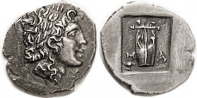 MASIKYTES , Lycian League Hemidrachm, c. 48-20 BC, Apollo head r/Lyre, M-A below, plectrum at bottom left, in incuse square; Choice EF, nrly centered ...