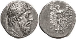 PARTHIA , Mithradates I, c. 171-138 BC, Tetradrachm , Sellw.13.5, Bearded bust r/Naked Herakles stg l, DOP in exergue; VF, obv well centered, rev sl o...