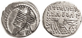 PARTHIA , Osroes II, c. 190 AD, Drachm, Sel.85.3, EF, obv only sl off-ctr, rev well centered; good strike with rev less crude than usual; deepish tone...