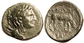 PHENEOS , Æ18, 300-240 BC, Artemis Heurippa bust r/horse grazing r, S2734; VF/F+...