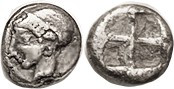PHOKAIA , obol (.94 g), c.521-478 BC, Archaic female head l./ 4-part incuse squa...