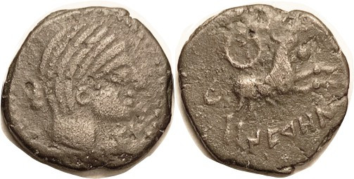 SPAIN , NERONKEN (Narbona), Æ26, 1st cent BC, Female head r, bull leaping r, wre...