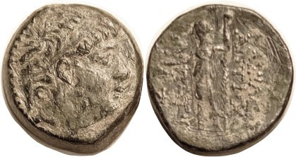 SYRIA , Antiochos IX, 113-95 BC, Æ22, Head r/Dionysos stg l, S7169; VF/F, obv we...