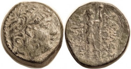 SYRIA , Antiochos IX, 113-95 BC, Æ22, Head r/Dionysos stg l, S7169; VF/F, obv well centered, rev sl off-ctr, dark green patina with hilighting, sl rou...