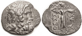 THESSALIAN League , Stater, c. 50 BC, Zeus head r/ Athena stg r, magistrates Philoxenides & Damothoinos; VF+, centered, sl irregular flan, dark patina...