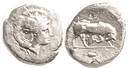 THOURIOI , Diobol (1/6 Stater), c.400-350 BC, Athena head r/bull butting r, grain ear below; AVF/F, well centered, bright silver with sl surface fault...