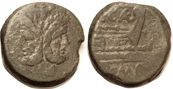 As, A. Caecilius, Janus head/Prow, CAE monogram above, 169-158 BC, Cr. 174/1, Sy...