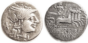 Den., L. Trebanius, Cr.241/1a, Sy.456, Roma head r/Jupiter in quadriga r; F-VF/F...