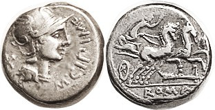 M. Cipius, Den, 115-114 BC, Cr.289/1, Sy.546, Roma head r/Victory in biga r; VF,...
